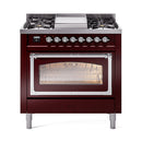 Burgundy dual fuel gas range with dual burners, chrome trim, and wide oven window