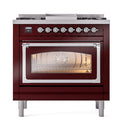 Burgundy dual fuel gas range with chrome control panel and lit oven door window
