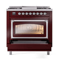 Burgundy dual fuel range with chrome-trim triple-glass oven door and control panel