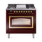 ILVE Nostalgie II Noblesse 36-Inch 3.5 Cu. Ft. Propane Gas Dual Fuel Range with 6 Burners, Griddle and Triple Glass Door in Burgundy with Brass Trim (UN36FNMPBUGLP)