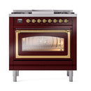 Burgundy gas range with brass trim, oven window showing interior and front control panel.