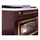 Burgundy gas range with brass trim, side view of control knobs and glass oven door.