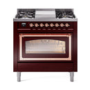 Burgundy dual-fuel range with copper-trim oven door, burner grates, and display
