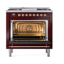 Burgundy ILVE dual-fuel gas range with open oven interior and wire rack