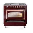 Burgundy dual-fuel range with copper-trim oven door and control knobs, front view