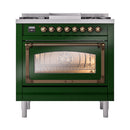 Emerald green dual fuel range with triple-glass oven door and bronze control knobs