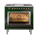 Emerald green oven door with triple glass window and warm interior heating