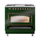 Emerald green dual fuel range with closed triple-glass door and open lower storage drawer