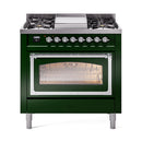 Emerald green range with lit oven window, chrome frame, and black burner grates