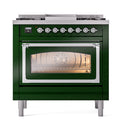 Emerald green dual fuel range with oven door window showing lit interior and racks