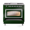 Emerald green dual-fuel range with chrome-trimmed oven window and control knobs