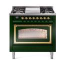 Emerald green dual fuel range with brass trim, triple glass oven door, and cooktop burners
