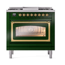 Emerald green dual fuel range with brass-trim oven window and triple glass door