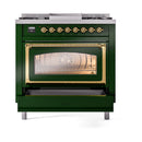 Emerald green range with brass-trim triple glass oven door and control knobs