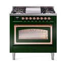 Emerald green dual-fuel gas range with copper-trimmed glass oven door, front view