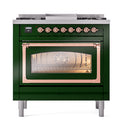 Emerald green range with copper trim and illuminated oven interior through glass