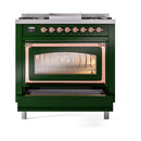 Emerald green range with triple-glass oven door and copper handle, front close-up