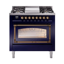 Midnight blue dual-fuel gas range with bronze trim and glass oven door