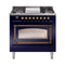 ILVE Nostalgie II Noblesse 36-Inch 3.5 Cu. Ft. Propane Gas Dual Fuel Range with 6 Burners, Griddle and Triple Glass Door in Midnight Blue with Burnished Bronze Trim (UN36FNMPMBBLP)