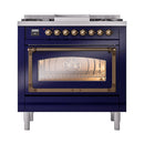 Midnight blue gas range with closed glass oven door and bronze frame, side legs visible