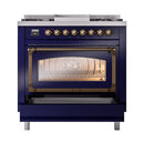 Midnight blue gas range with open oven and bronze handle, front legs and controls visible