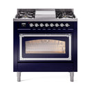 Midnight blue dual fuel range with oven door open, wire rack inside, and chrome trim