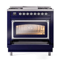 ILVE dual fuel range front view with illuminated oven window and control knobs, midnight blue