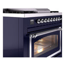 Midnight blue dual fuel range side view with chrome knobs and oven window with glass door