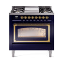 Midnight blue dual fuel range with brass-trim oven door and glass window