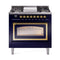 ILVE Nostalgie II Noblesse 36-Inch 3.5 Cu. Ft. Natural Gas Dual Fuel Range with 6 Burners, Griddle and Triple Glass Door in Midnight Blue with Brass Trim (UN36FNMPMBG)