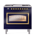 Midnight blue oven door with brass trim and illuminated glass window