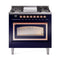ILVE Nostalgie II Noblesse 36-Inch 3.5 Cu. Ft. Natural Gas Dual Fuel Range with 6 Burners, Griddle and Triple Glass Door in Midnight Blue with Copper Trim (UN36FNMPMBP)
