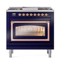 Midnight blue dual-fuel gas range with copper-trim triple glass oven door and front controls