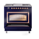 Midnight blue dual-fuel gas range with copper-trim triple glass oven door and glowing window