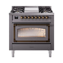 ILVE dual fuel range with open oven door window, bronze trim, and illuminated interior