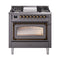 ILVE Nostalgie II Noblesse 36-Inch 3.5 Cu. Ft. Propane Gas Dual Fuel Range with 6 Burners, Griddle and Triple Glass Door in Matte Graphite with Burnished Bronze Trim (UN36FNMPMGBLP)