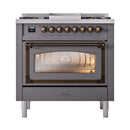 ILVE dual fuel range with matte graphite oven door window and bronze trim, front view