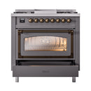 ILVE dual fuel range with matte graphite oven door, bronze handle, and control panel