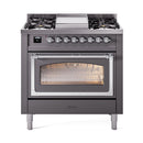 Matte graphite gas dual-fuel range with open triple-glass oven door and four burners
