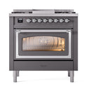 Matte graphite gas dual-fuel range with open oven door and triple-glass viewing window
