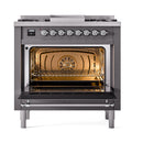 Matte graphite range oven interior with triple-glass door, racks, and back heater