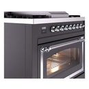 Matte graphite gas dual-fuel range with control knobs and windowed oven door