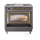 Matte graphite dual fuel gas range with brass-trimmed oven window and front lower drawer
