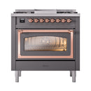 Matte graphite 36-inch dual fuel gas range with triple glass oven door and copper trim