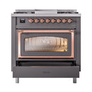 Matte graphite dual fuel range with open oven door and copper-trim handle