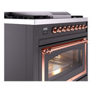 Matte graphite range front with illuminated oven window and copper control knobs