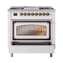36-inch dual fuel range front with bronze trim, oven window, and storage drawer, white