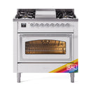 Dual fuel range with stainless finish, chrome trim, and open triple-glass oven door
