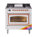 Dual fuel gas range front with open oven window, copper trim bar, and burner controls