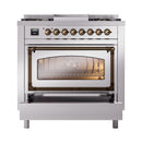 Stainless steel oven range with bronze trim, open door, and visible baking rack